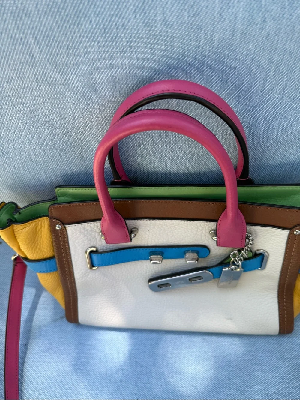 Coach Colorblock Leather Satchel in Pink, Yellow, White, Blue, Green, Brown